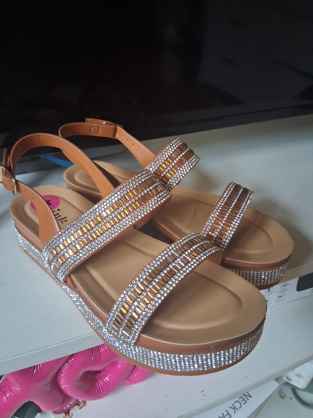Women's Tan Embellished Slingback Sandals with Rhinestones